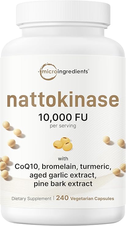 Micro Ingredients Nattokinase 10,000 FU Per Serving, 240 Veggie Capsules | Natural Natto Extract with CoQ10, Turmeric, Aged Garlic & Pine Bark Extract. Non-GMO, Gluten Free.