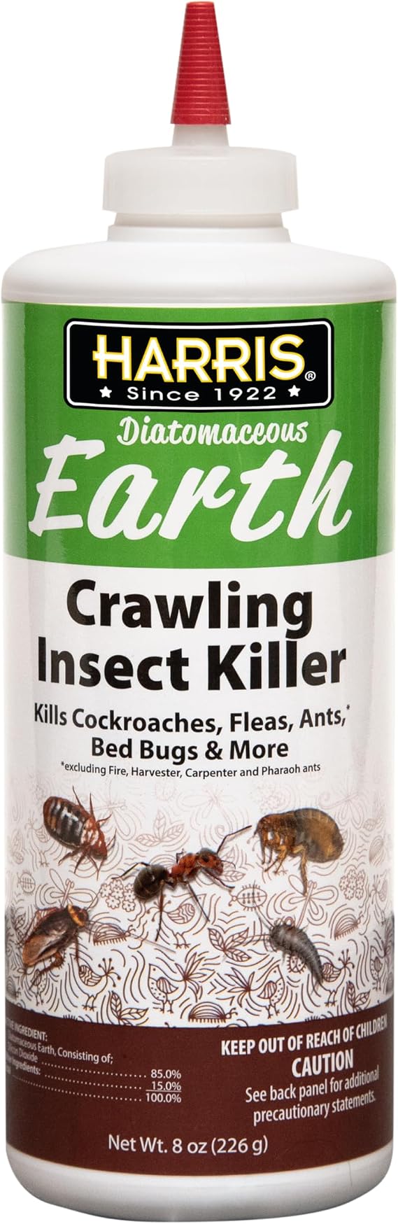 Harris 8 oz Diatomaceous Earth Crawling Insect Killer 100% Natural Dust for Ants, Roaches, Bed Bugs, Fleas Indoor & Outdoor Use