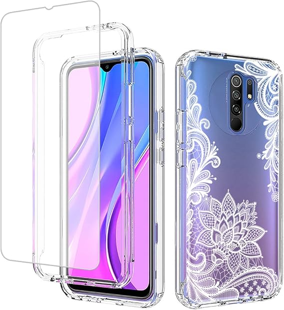 Case forRedmi 9/Redmi 9 Prime/Poco M2 M2004J19PI with Tempered Glass Screen Protector, Floral Design Shockproof Bumper Full Body Protective Cell Phone Cover for Xiaomi Redmi 9 (Mandala)