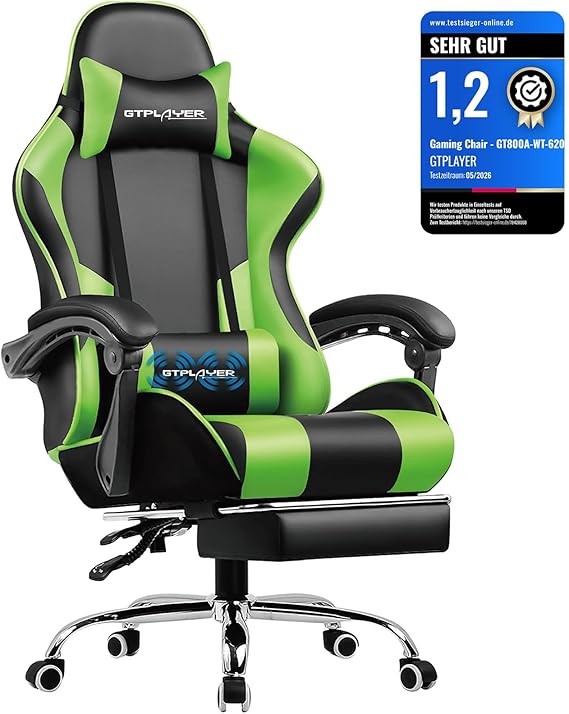 GTPLAYER Office Chair Gaming Chair Massage Gaming Chair Ergonomic Gamer Chair with Footrest Padded Gaming Chair Swivel Chair 150 kg Green