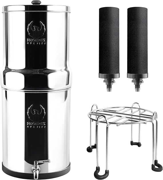 PHOENIX GRAVITY 8-Liter Stainless Steel Gravity Water Filter | AISI 304 | NSF/ANSI 42 & 372 Certified 2 Smart Carbon Cartridges & Stainless Steel Stand Included | No Electricity or Plumbing Needed