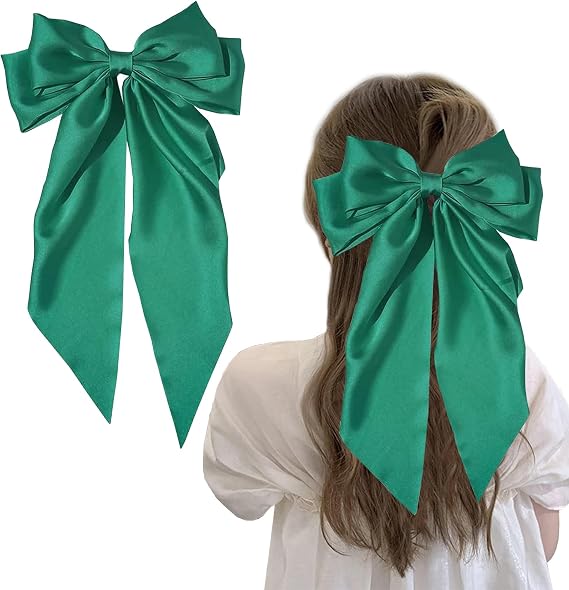 Big Hair Bows for Women - Solid Color Bow Hair Clips with Long Ribbon, French Barrette Clip Soft Satin Silky Bows - Cute Gifts for Women & Girls (Green)