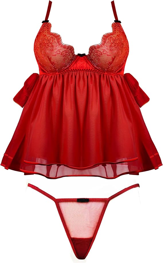 Women Lingerie Dress Sheer Mesh Babydoll Negligee with Lace Bra & G-String
