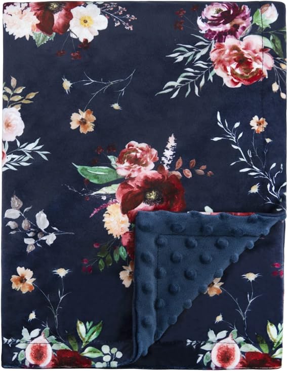 BORITAR Baby Blanket for Girls Super Soft Double Layer Minky with Dotted Backing Dark Blue Blanket with Beauty Floral Printed 30 x 40 Inch(75x100cm)