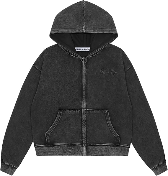 Aelfric Eden Hoodies Washed Solid Zip Up Hoodie Casual Cropped Hooded Sweatshirt Long Sleeve Zipper Pullover Streetwear