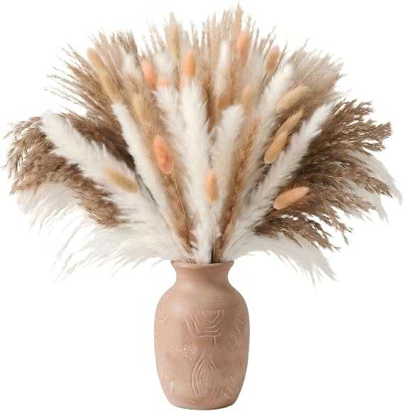 17 Inch Brown & White Dried Pampas Grass Bouquet, Bunny Tails and Reed Grass for Boho Rustic Wedding Decor, Living Room, Bedroom Styling and Holiday Decor