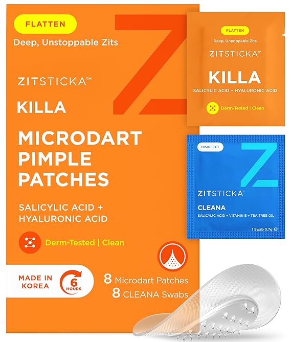 ZitSticka Killa Microdart Pimple Patches for Face - Most Potent Pimple Patch with Fast-Acting Microdarts - For Deep, Early-Stage Zits with Salicylic Acid - Regular 8 Count with Cleaning Swab
