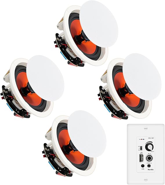 Herdio 4'' Bluetooth Ceiling Speakers 480W 2-Way Flush Mount Speakers System with Wall Amplifier Receiver for Home Theater Office (2 Pairs, Paintable-Grille)