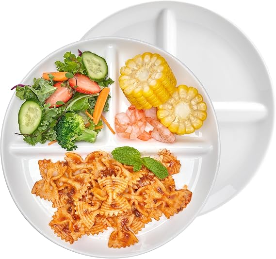 Sweese 9 Inch Porcelain Divided Dinner Plates Set of 2 Encourage Healthy Eating with Portion Control Design, Durable, Microwave Dishwasher Safe, Ideal for