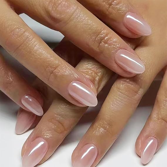 24Pcs Press on Nails Short Almond Fake Nails French Tip False Nails Nude Stick on Glue on Nail with Designs French Almond Shaped Reusable Artificial Nail for Women DIY Nail Decoration
