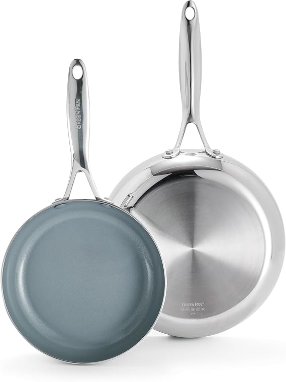 Greenpan Valencia Pro Tri-Ply Stainless Steel 8” and 10” Frying Pan Skillet Set, Healthy Ceramic Nonstick PFAS-Free PFOA-Free Coating, Multi Clad Cookware, Induction, Dishwasher Oven and Broiler Safe