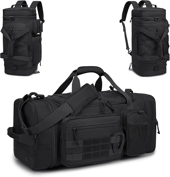 Tactical Travel Bag Sports Bag 40-45L Expandable 3-in-1 Sports Bags Men Medium with Shoe Compartment Wet Compartment and Backpack Function Training Bag Women for Military Fitness Gym Sauna Black