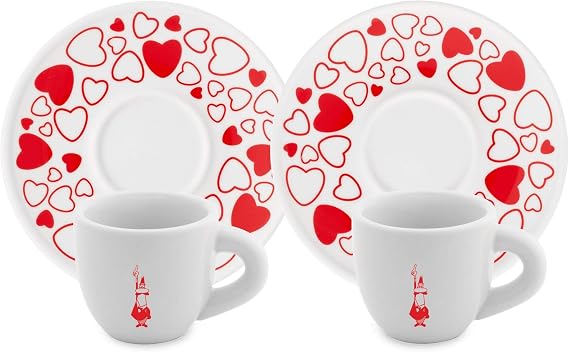 Bialetti Y0TZ021 Set of 2 Cups Moka Heart (with Saucers) Porcelain Red/White