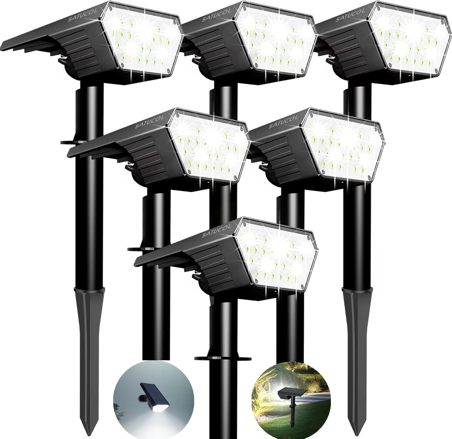 Satucol 6 Pack Solar Spot Lights Outdoor,Auto OnOff Solar Lights Outdoor Waterproof IP65,2-in-1 Solar Powered Outdoor Landscape Lighting,Solar Lights for Outside Yard Garden Pathway Cool White [Energy Class A]