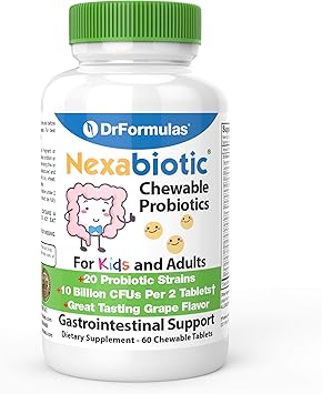 DrFormulas Chewable Probiotics for Kids & Adults | for Oral Dental Health, Bad Breath, Better Digestion 20 Multi Strain - S boulardii, Lactobacillus plantarum and Bifidobacterium infantis, 60 Chews