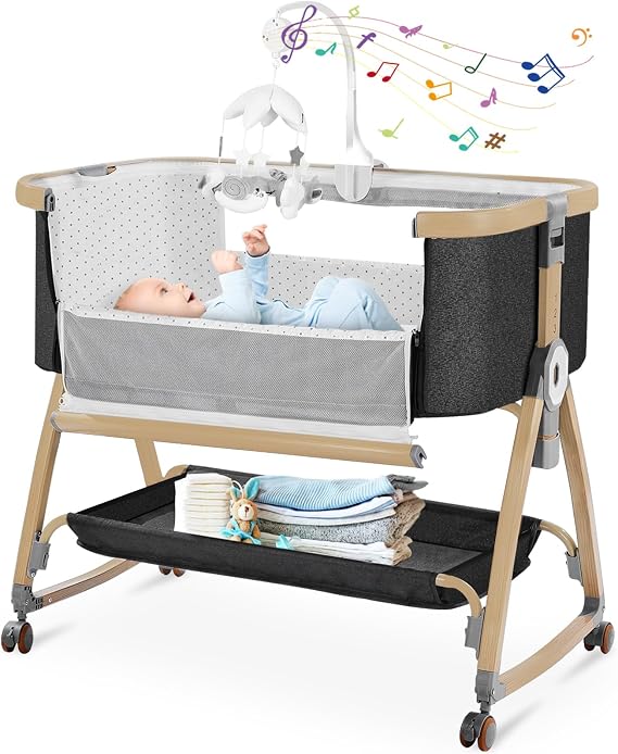 Bedside Bassinet, 4 in 1 Portable Bedside Crib with Mattress, Deep Grey