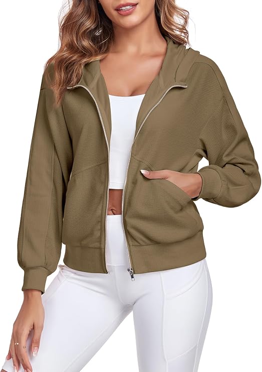 Women's Cropped Waffle Jacket Oversized Zip Up Hood jacket | Long Sleeve Batwing Y2K Sweatshirt with Pocket