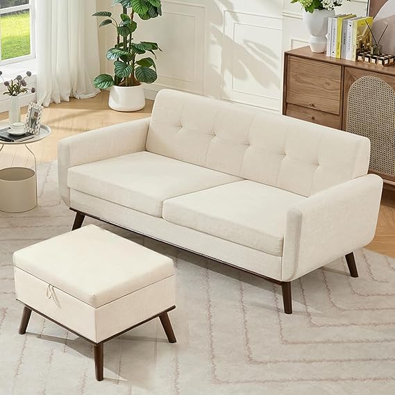 Kingfun Living Room Furniture Sets, Standard & Ottoman, Mid Century Modern Decor Sofa Couches, Button Tufted Upholstered Furniture, Beige