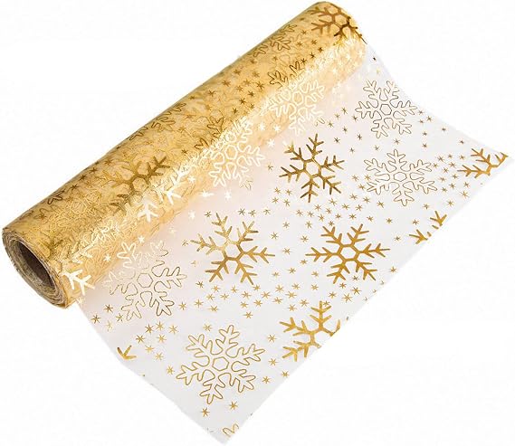 Gold Organza Table Runner Roll, 5mx28cm, Personalised Xmas Table Decoration, Snowflake Pattern
