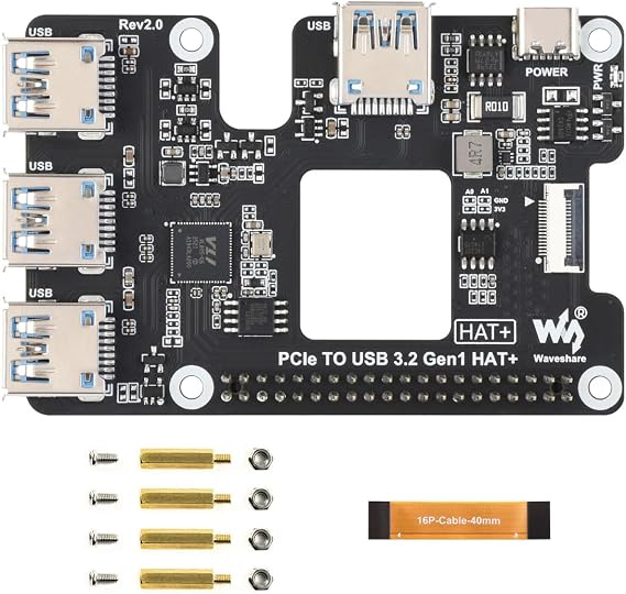 Waveshare PCIe to USB 3.2 Gen1 HAT for Raspberry Pi 5, PCIe to USB HUB, 4X High Speed USB Ports, No Driver Required, Plug and Play, HAT + Standard