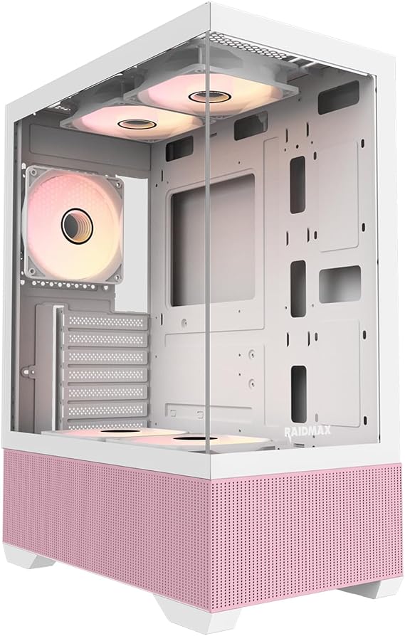 Raidmax I802 Mesh Air Flow Compact Panoramic ATX Mid Tower Case 270 View Tempered Glass, 5X Pre-Installed 120mm Static RGB Color Fans, Supports ATX/Micro ATX, Max 340mm GPU (Pink)