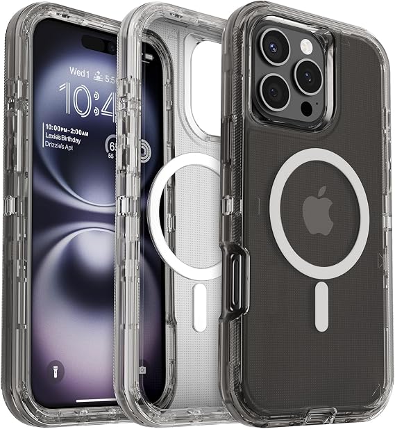 Mobnano for iPhone 16 Pro Max Case Compatible with MagSafe, Heavy Duty Military-Grade Drop Protection, 3-Layer Shockproof Cover, Full-Body Protective w/Front & Back Assembly Clear Rugged Case - Black