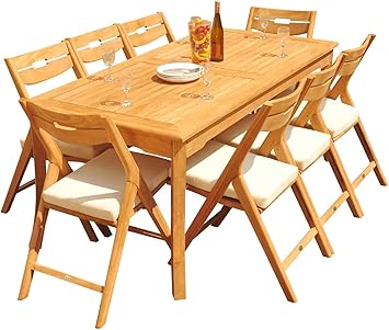 8 Seater Grade-A Teak Wood 9 Pc Dining Set: 71" Rectangle Table and 8 Surfliner Folding Reclining Arm Chairs #31SL1609