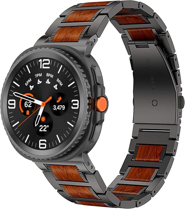 Compatible for Samsung Galaxy Watch Ultra 2 Bands 47mm, Galaxy Watch 9/8 Classic Wristbands, Stainless Steel Metal+Wooden Watch Straps Replacement for Men Women