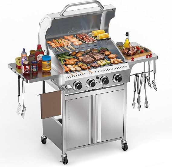 Kismile 4-Burner Gas Grill,Propane Grill with Folding Side Shelf,Heavy-Duty Thickened Stainless Steel Grill,32,000 BTU BBQ Grill for Outdoor Cooking,Barbecue,Garden and Patio Backyard