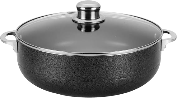 Alpine Cuisine 7-Quart Nonstick Aluminum Caldero Pot with Glass Lid & Riveted Handle | Heavy-Duty Cookware for Large Servings of Stew & Rice | Easy Clean, Black