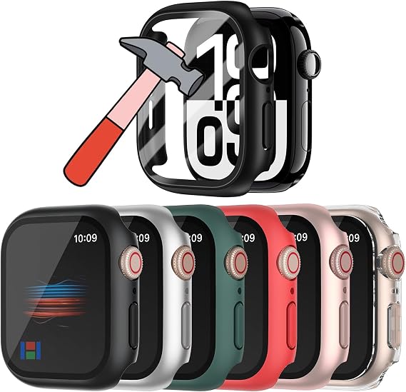 6 Pack Hard Case for Apple Watch Series 9 8 7 45mm | Tempered Glass Screen Protector Full Protective Cover Ultra-thin Shatterproof Bumper (Black+Silver+Green+Red+Rose Gold+Clear)