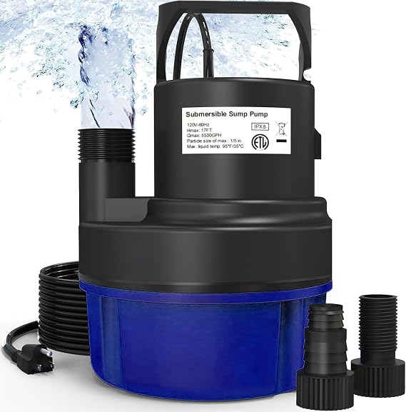 AgiiMan 3500GPH Pool Cover Pump, 1HP Submersible Sump Pump, Blue
