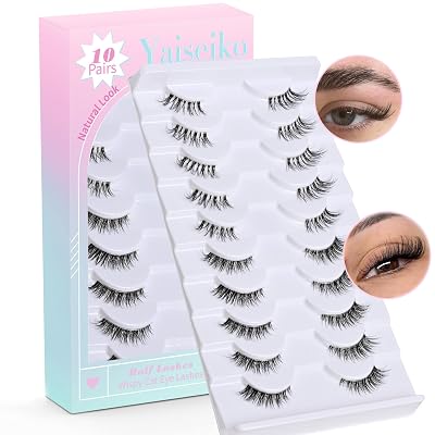 Half Lashes with Clear Band Wispy Cat Eye Natural Half Eyelashes Short Lashes Faux Mink Fake Lashes 10 Pairs Pack