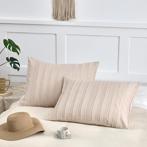 Queen Pillow Shams 2 Pack, Queen Size Pillowcases | Soft Microfiber Geometric Striped Tufted Pillow Covers with Envelope Closure, Cream, 20x30 Inch (No Insert)