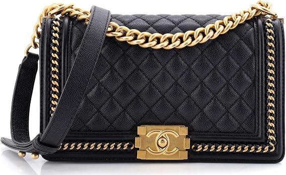 Pre-Loved Boy Flap Bag Quilted Caviar with Whipstitch Chain Detail Old Medium, Black