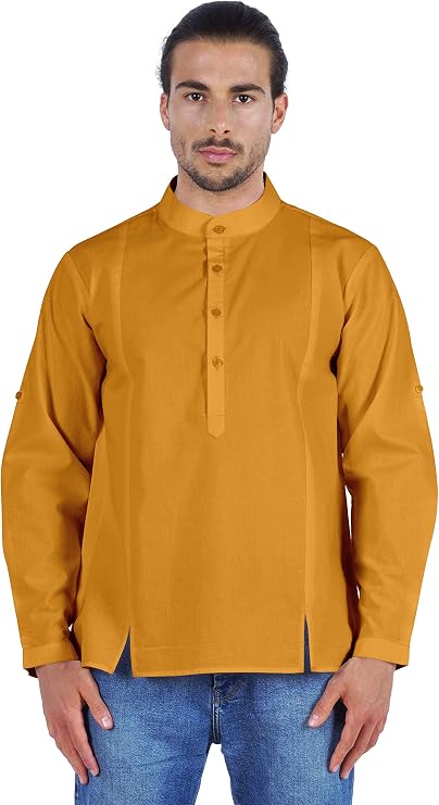 Atasi Indian Mens Henley Shirt Long Sleeve Casual Mandarin Collar Short Kurta