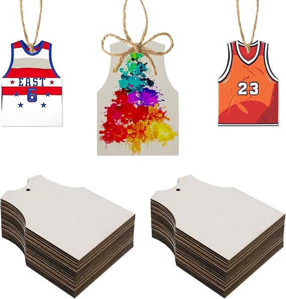 40pcs Unfinished Jersey Wood Slices Wooden Jersey Cutout for DIY Crafts Basketball Jersey Shaped Wood Ornaments Sport Themed Party Decoration Supplies