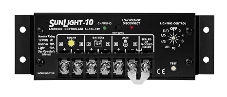 Morningstar Sunlight 10A Solar Charge Controller, for 12V Batteries | Lighting control, 10 settings, on-board timer, 3-stage charging, temp compensation, LED indicator,