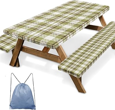 Picnic Table Cover with Bench Covers Elastic Edges, Green Plaid Fitted Table Cover, Outdoor Patio Camping Essentials 72 Inch 3PCS, Waterproof Camping Fitted Tablecloth with Drawstring Bag
