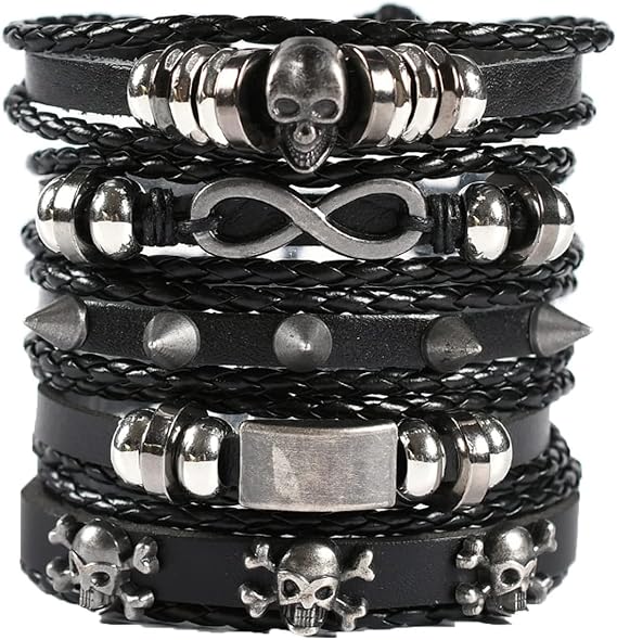 Leather bracelets, men's skull bracelets, men's leather wristbands, multi-wrap bracelets, statement, adjustable unisex leather bracelets Click and apply
