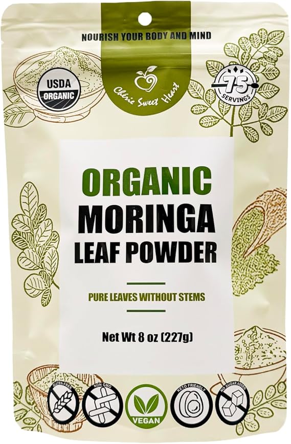 Organic Moringa Oleifera Leaf Powder, 100% Raw from India, Perfect for Smoothies, Drinks, Tea, Recipes, Resealable Bag by Cherie Sweet Heart (8 oz) Packaging May Vary