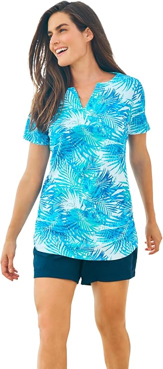 Women's Plus Size Split-Neck Short-Sleeve Swim Tee with Built-in Bra - 24, Blue Multi Leaves