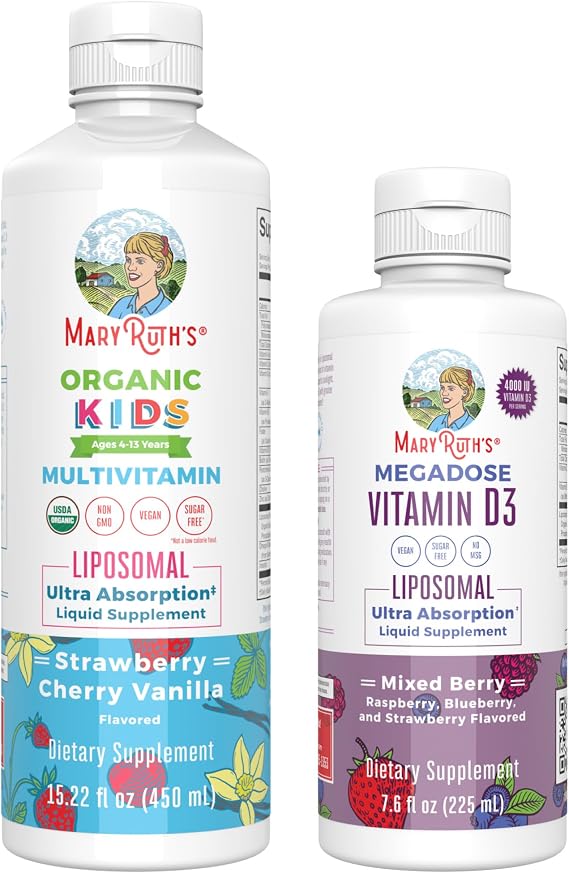 MaryRuth Organics Kids Multivitamin Liposomal (Strawberry Cherry & Vanilla) & Vitamin D3 Liposomal (Mixed Berry) Clean Label Project Verified Vitamins for Immunity & Overall Wellness, Vegan, Non-GMO