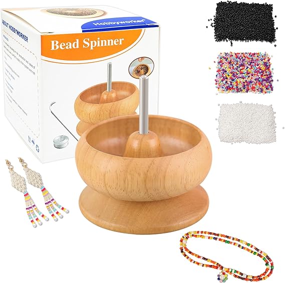hobbyworker Upgrade Wooden Bead Spinner with 2 Pcs Big Needles,8000 Pcs Seed Beads and 1 Surprise Gift Pack for Jewelry Making Tools,Quickly Stringing Beads Tool, Manual Operated | Clay Bead Spinner with 2 Pcs Big Needles,8000 Pcs Seed Beads for Jewelry Making Tools, Manual Operated