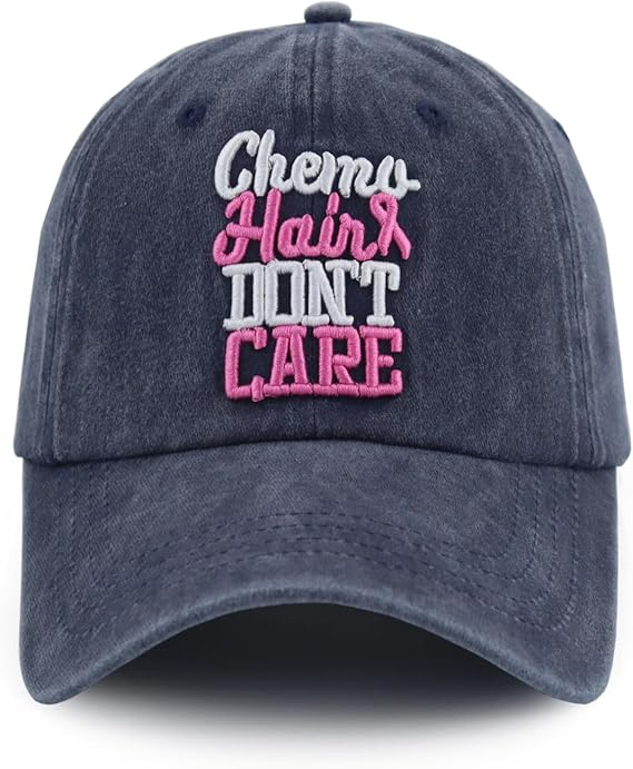 Chemo Hair Don't Care Baseball Cap for Men Women, Adjustable Washed Cotton 3D Embroidered Pink Ribbon Hat