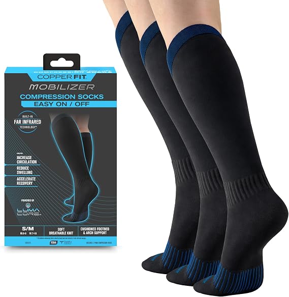 Copper Fit Mobilizer Compression Socks Easy On & Off Improves Circulation, Reduces Swelling for Men & Women, Work & Running