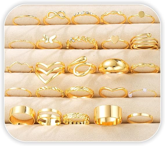 25PCS Gold Ring Set, Stackable Open Gold Rings for Women Simple Trendy Ring for Women Stackable Stacking Chunky Rings for Ladies Elegant Hollow Cute Jewelry Gift