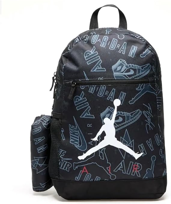 Jordan Black Backpack with Logo Print Pattern Background, Zip Closure, Front Pocket and Pencil Case Included | Unisex Back to School Backpack