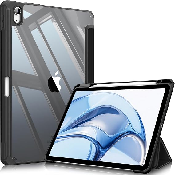 Fintie Clear Case for iPad Air 11-inch & iPad Air 5th/4th Generation 10.9" | Hybrid Slim Design, Shockproof Cover with Transparent Back Shell & Pencil Holder, Viewing & Typing Angles, Black