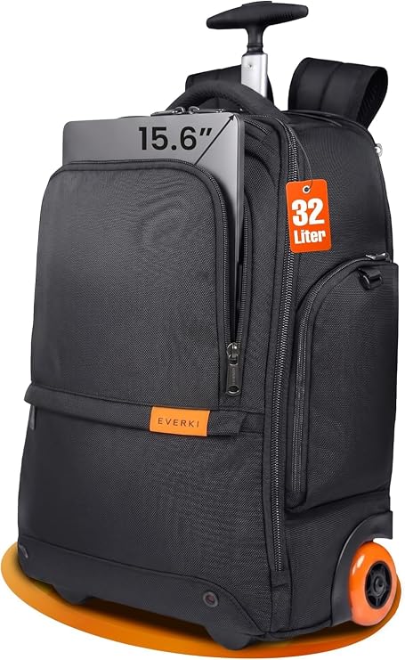 EVERKI Wheeled 123 Laptop Rolling Backpack for Men & Women, Black - 32L